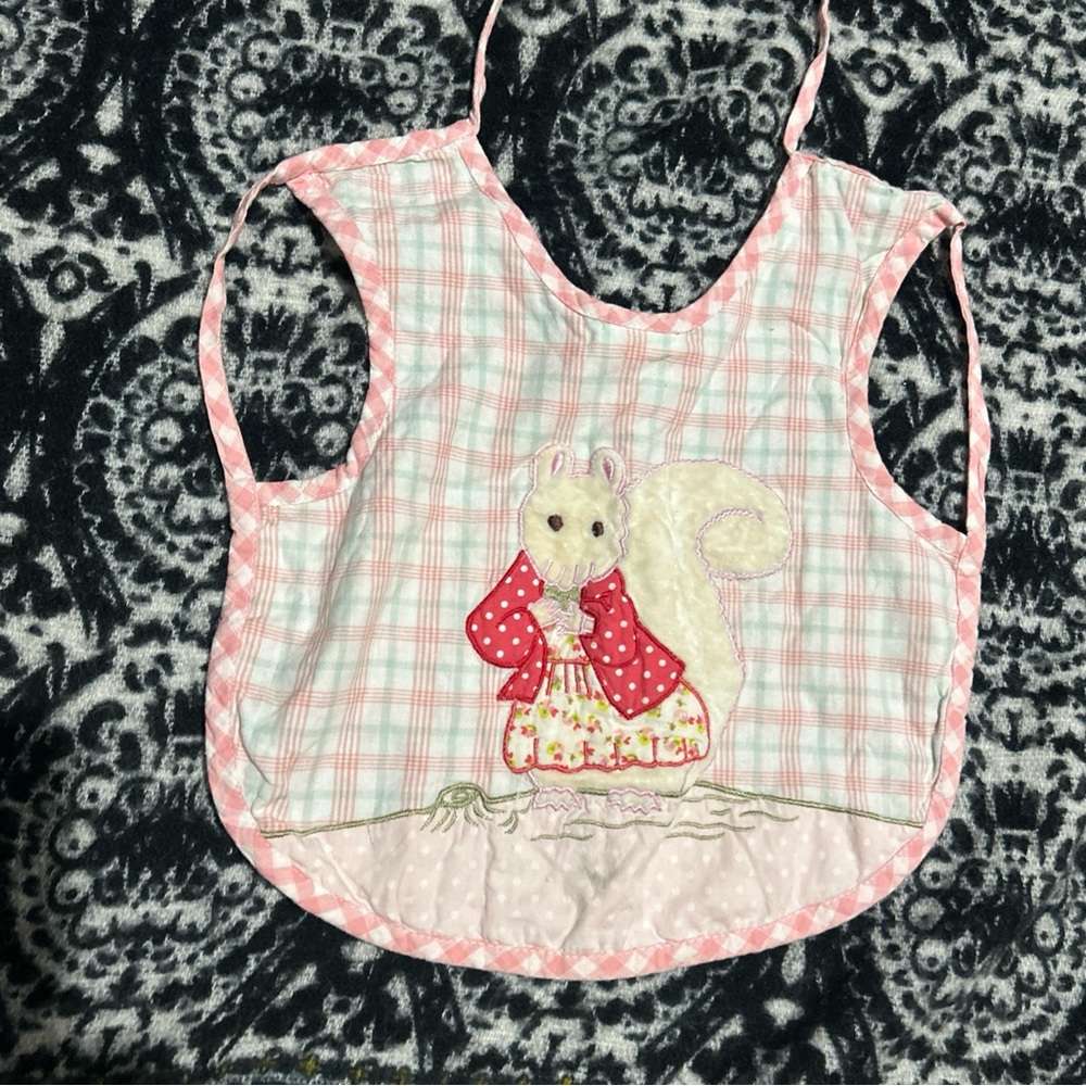Vintage pink  Plaid Baby Bib with Squirrel Appliqué